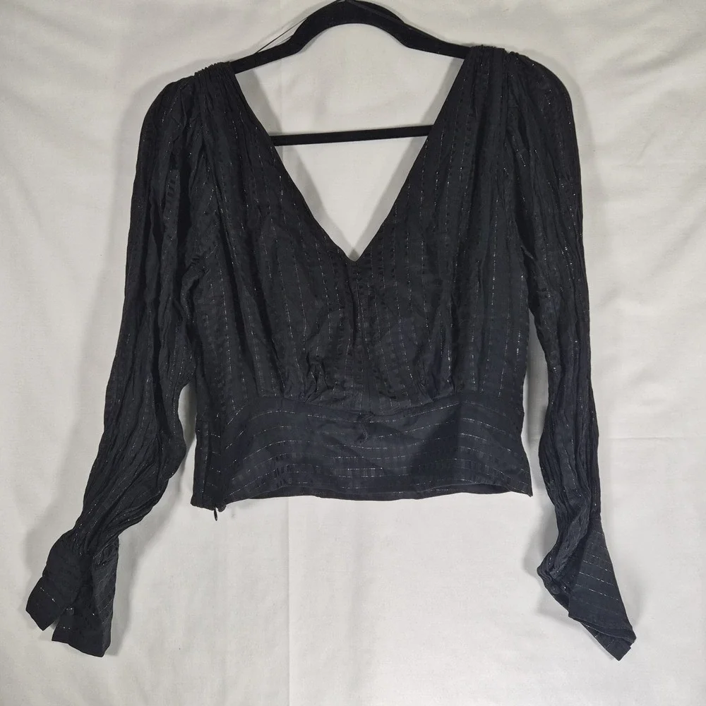 Banana Republic Black Metallic Stripe Wrap Blouse Women's Size 4 Puff Sleeve